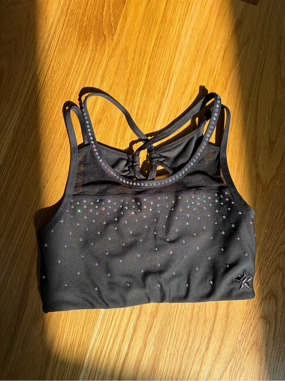 Rebel Athletic Crystal-Accent Black Sports Bra with Double-Strap Back